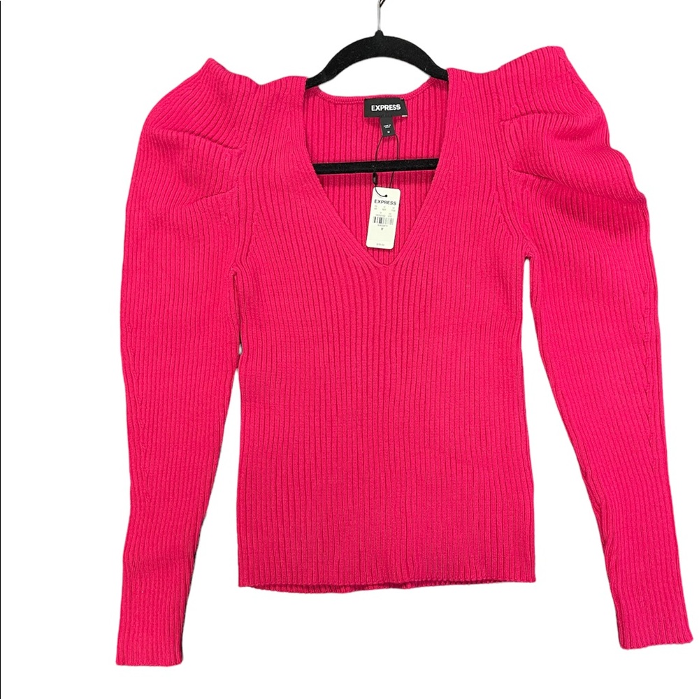 EXPRESS - pink  v neck ribbed puff sleeve sweater